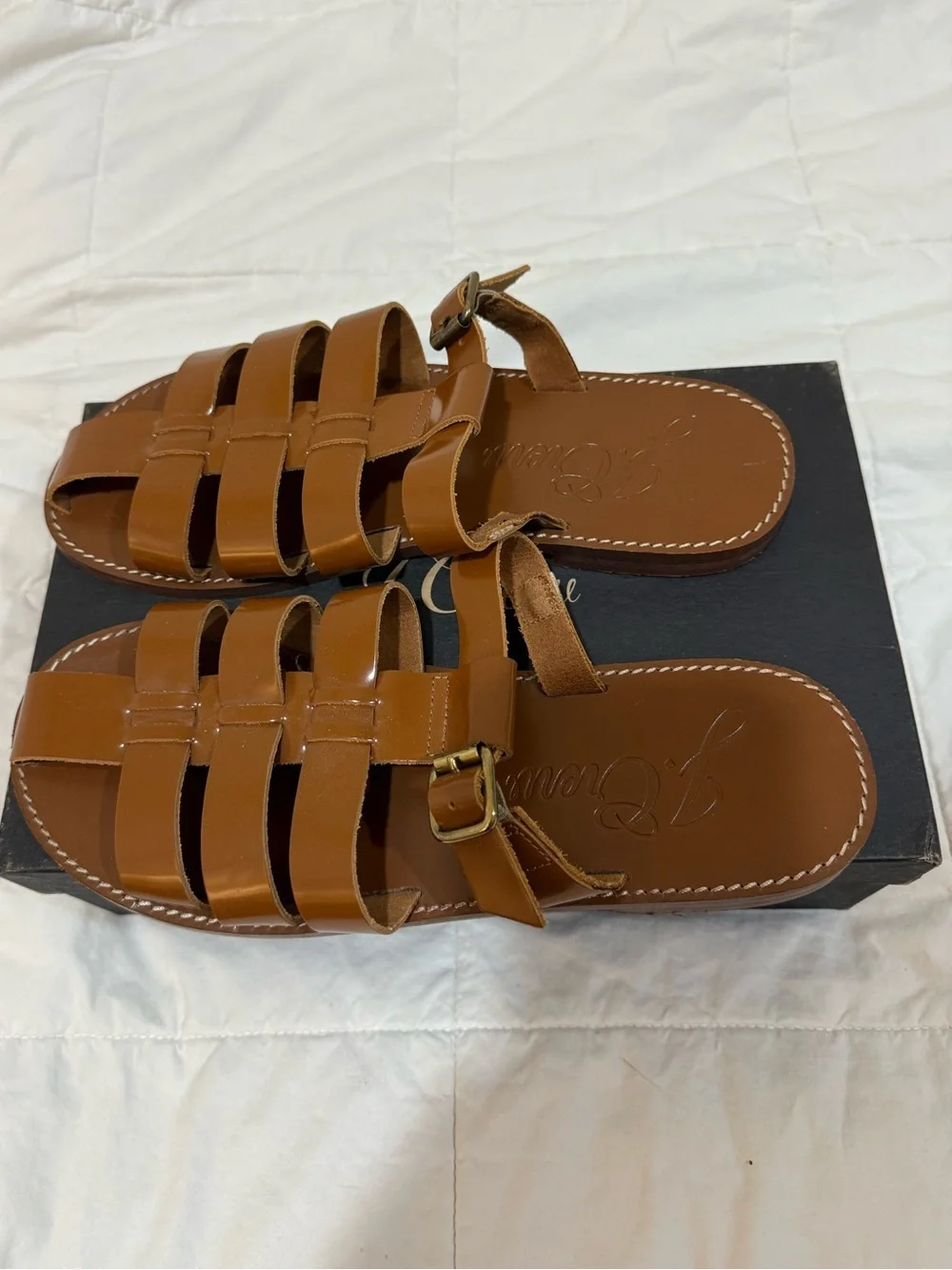 J. Crew Fisherman Strappy Slide Sandals in Spazzolato Shiny Leather